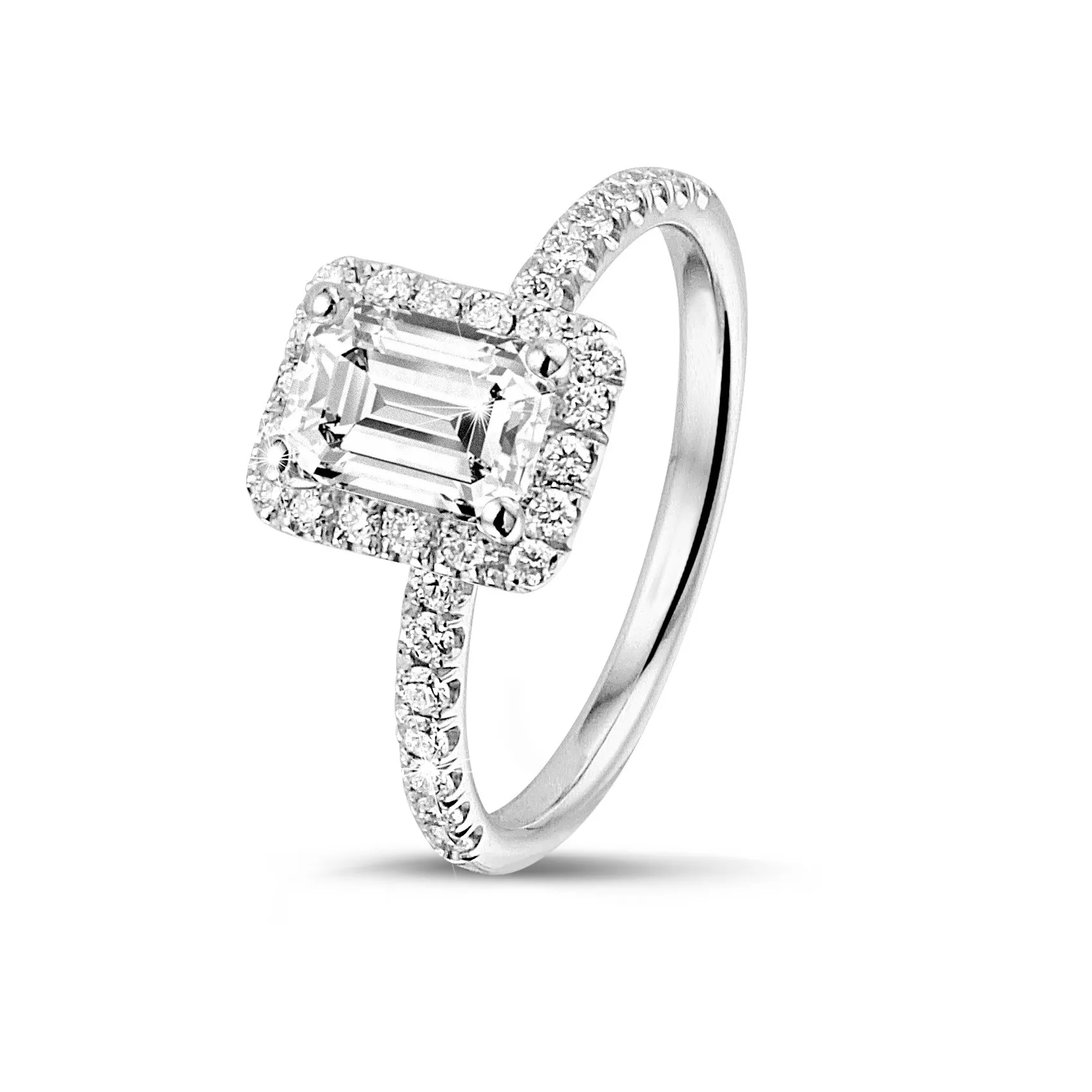 0.70 quilates halo anillo solitario con diamante talla esmeralda en oro blanco con diamantes redondos 
