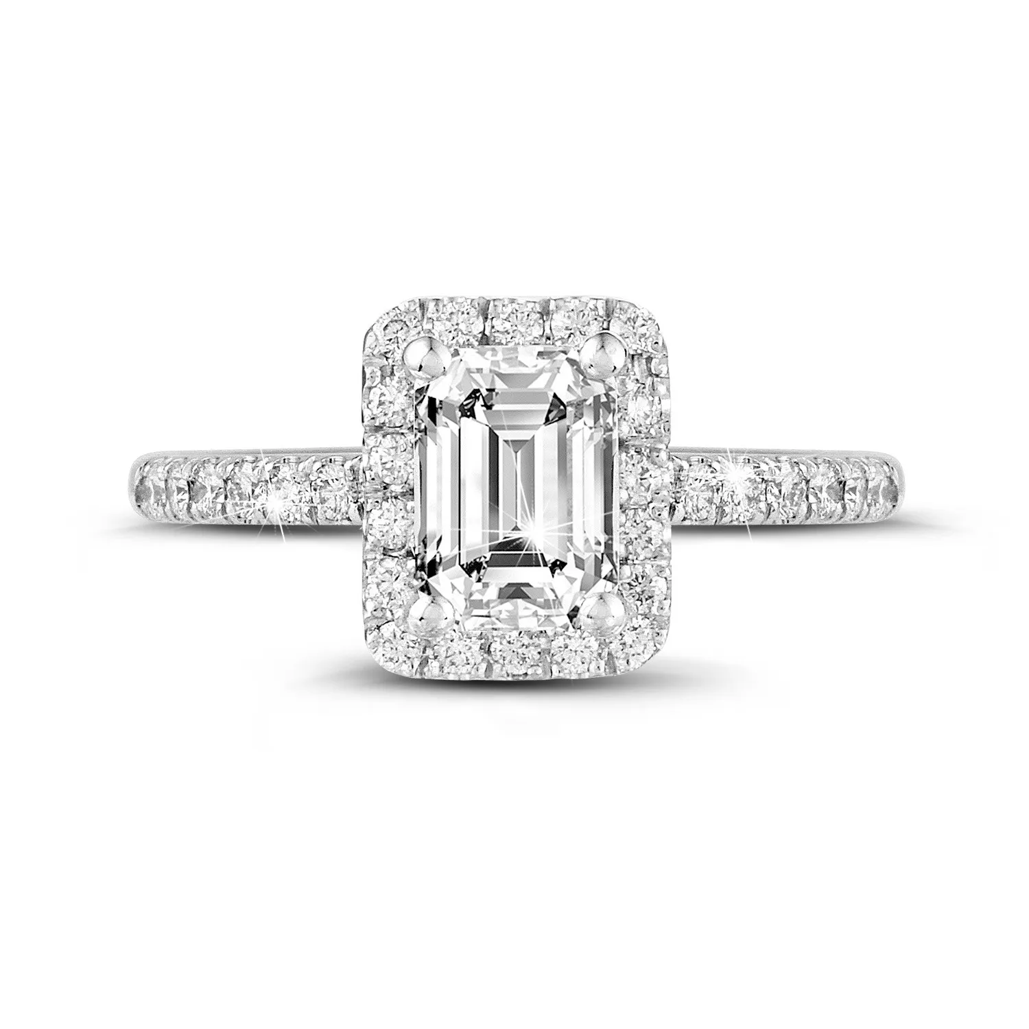 0.70 quilates halo anillo solitario con diamante talla esmeralda en oro blanco con diamantes redondos 