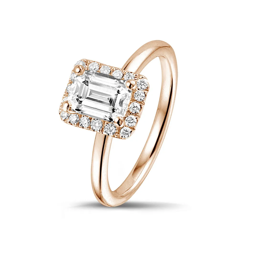 2.00 quilates halo anillo solitario con diamante talla esmeralda en oro rojo con diamantes redondos 