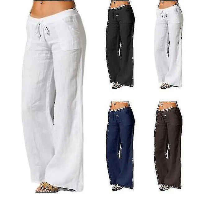Algodón mujer Lino Pierna Ancha Pantalones Sólido Casual Elástico Cintura Larga Pantalones Largos