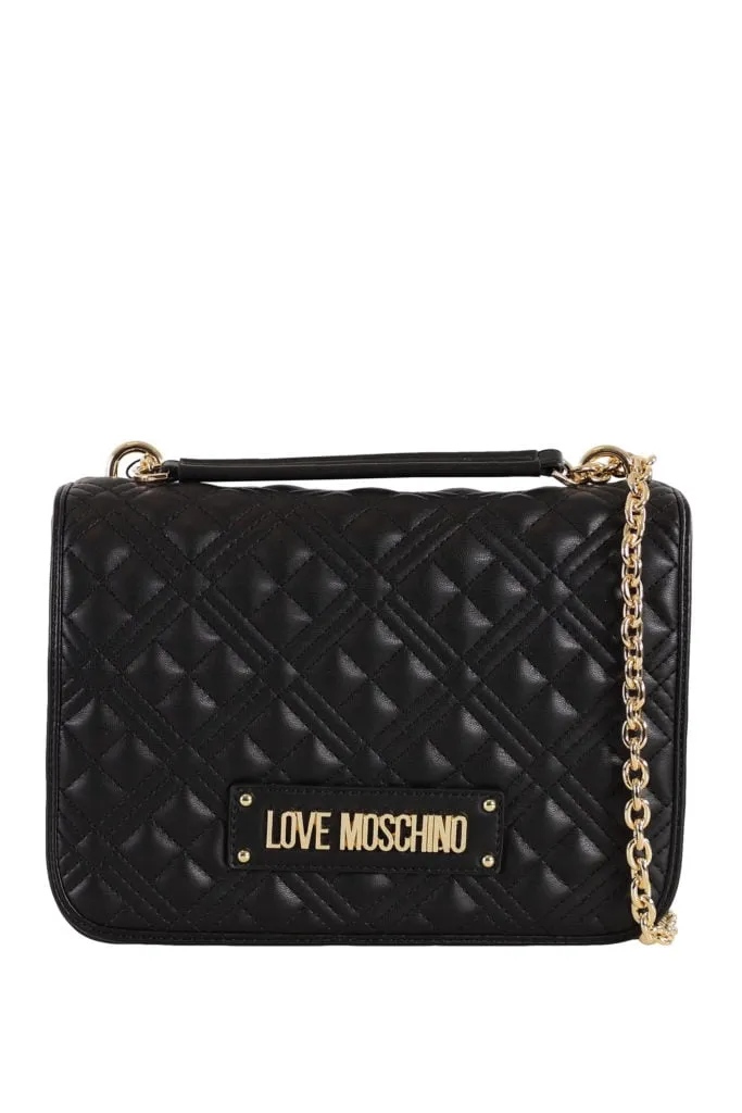 Bolso bandolera mediano de color negro con logo dorado