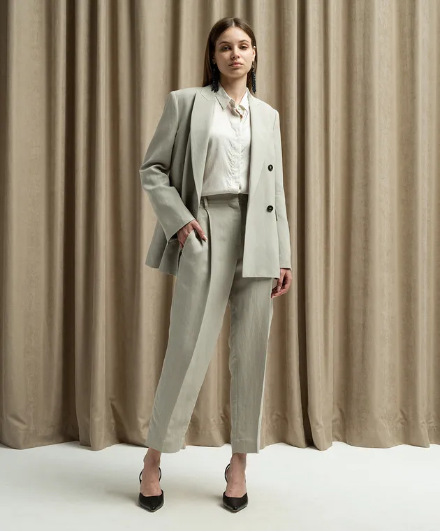 Brunello Cucinelli Gray linen pants with monil chain