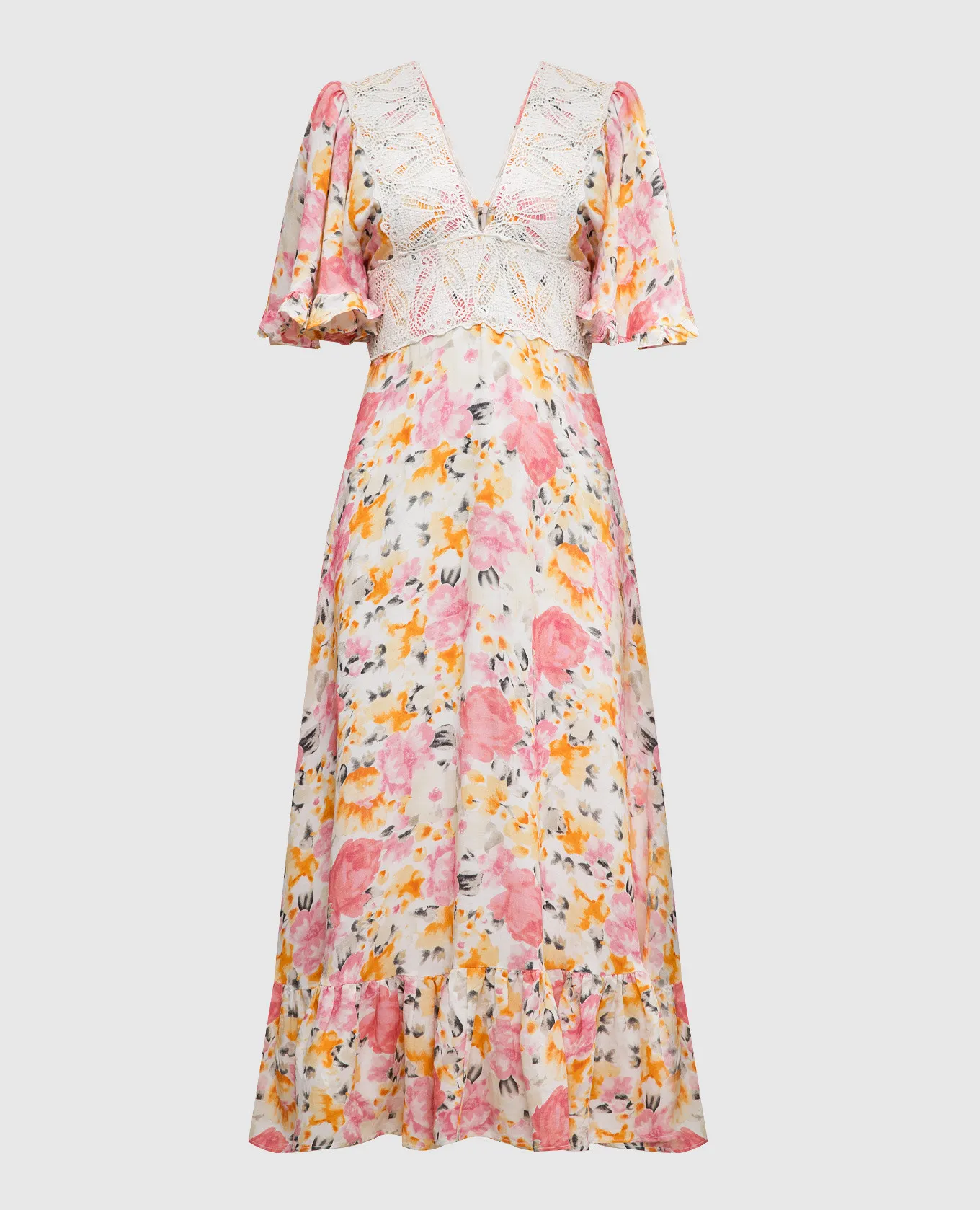 byTimo Beige dress with linen in a floral print with lace