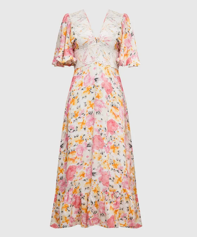 byTimo Beige dress with linen in a floral print with lace