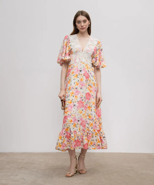 byTimo Beige dress with linen in a floral print with lace
