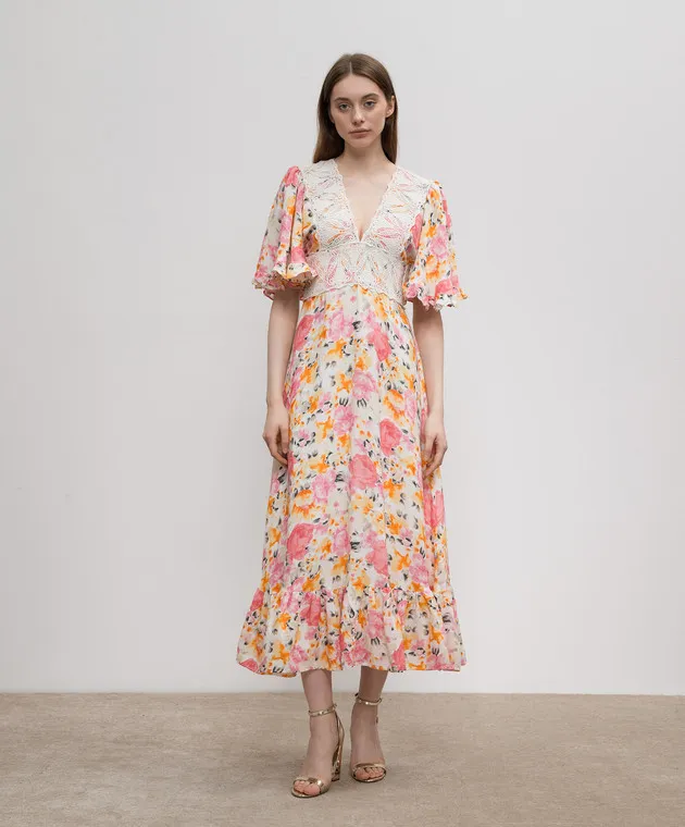 byTimo Beige dress with linen in a floral print with lace
