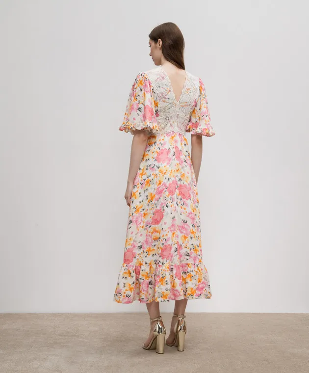 byTimo Beige dress with linen in a floral print with lace