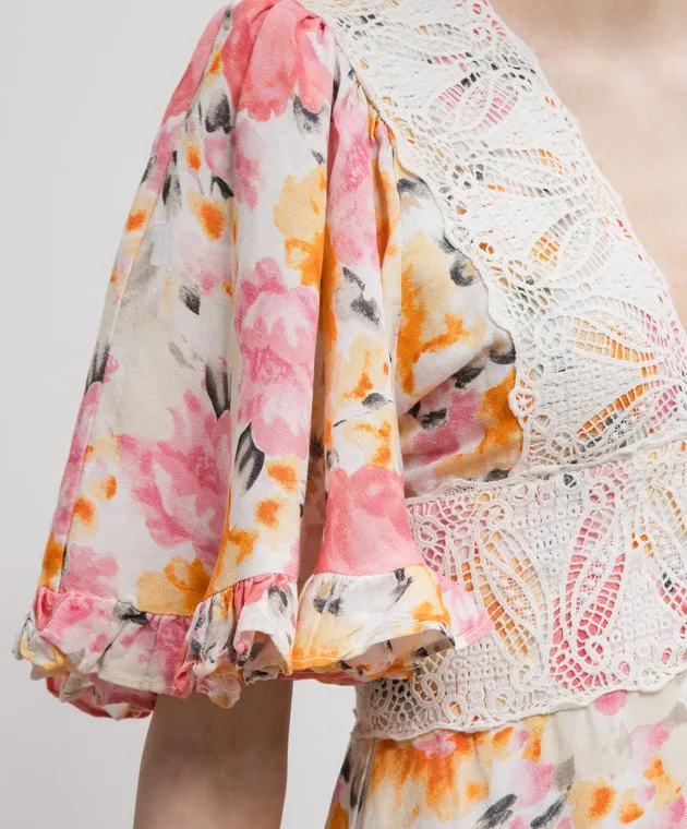 byTimo Beige dress with linen in a floral print with lace