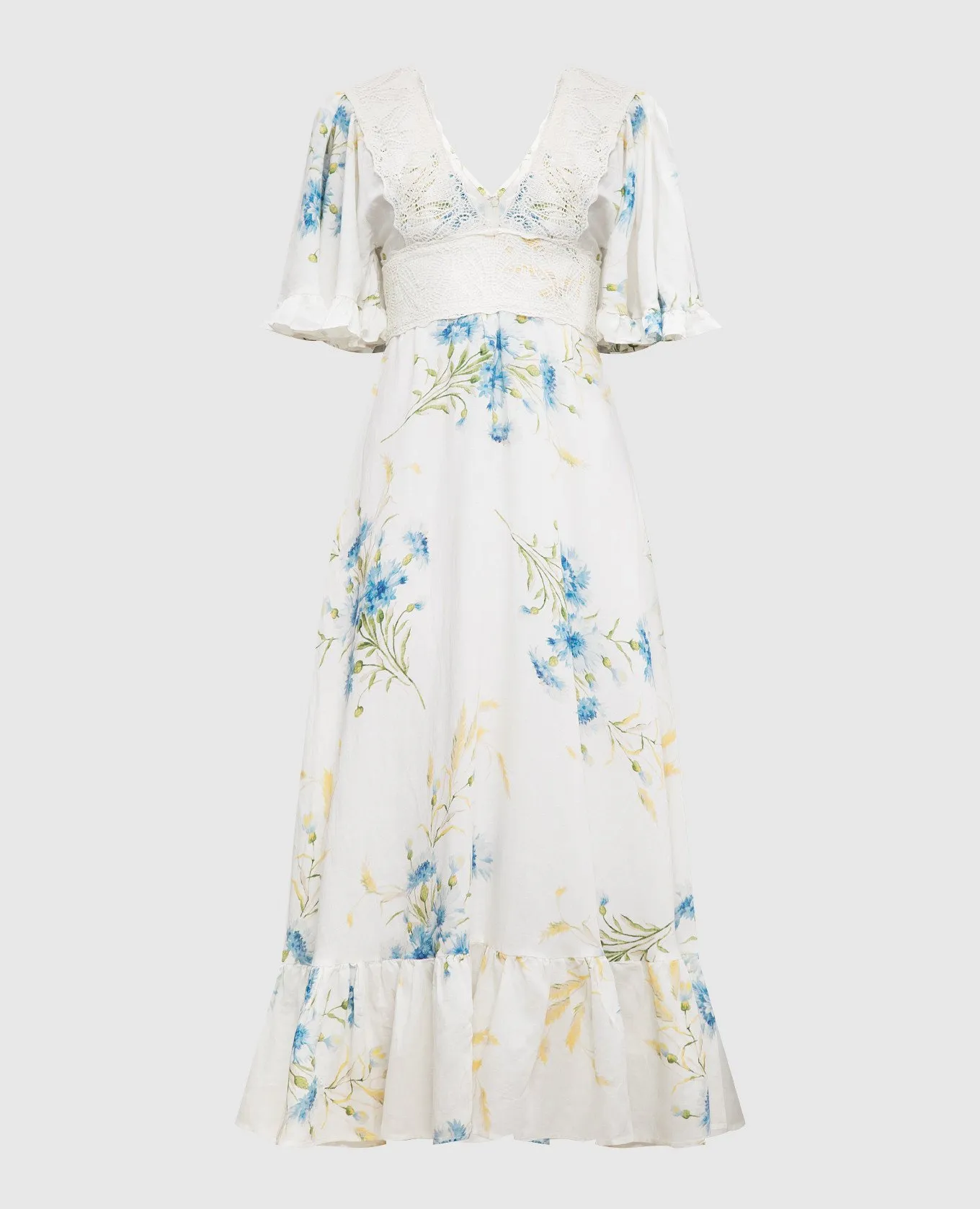 byTimo White dress with linen in a floral print with lace