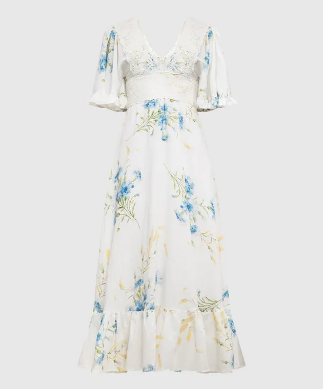 byTimo White dress with linen in a floral print with lace