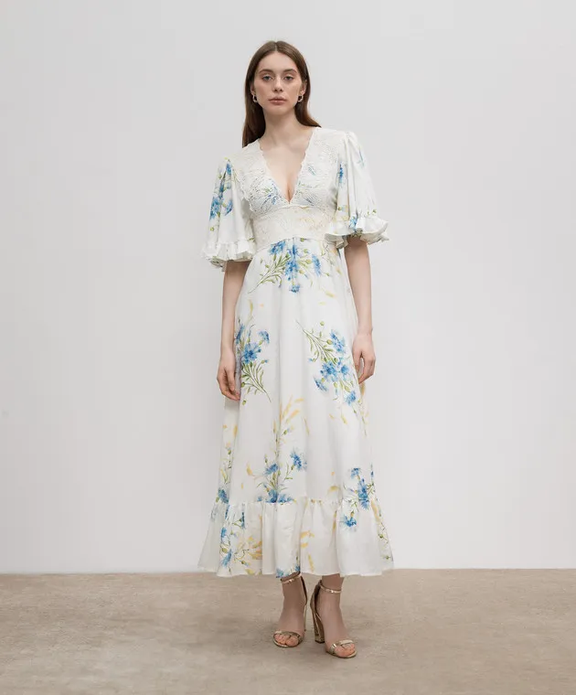 byTimo White dress with linen in a floral print with lace
