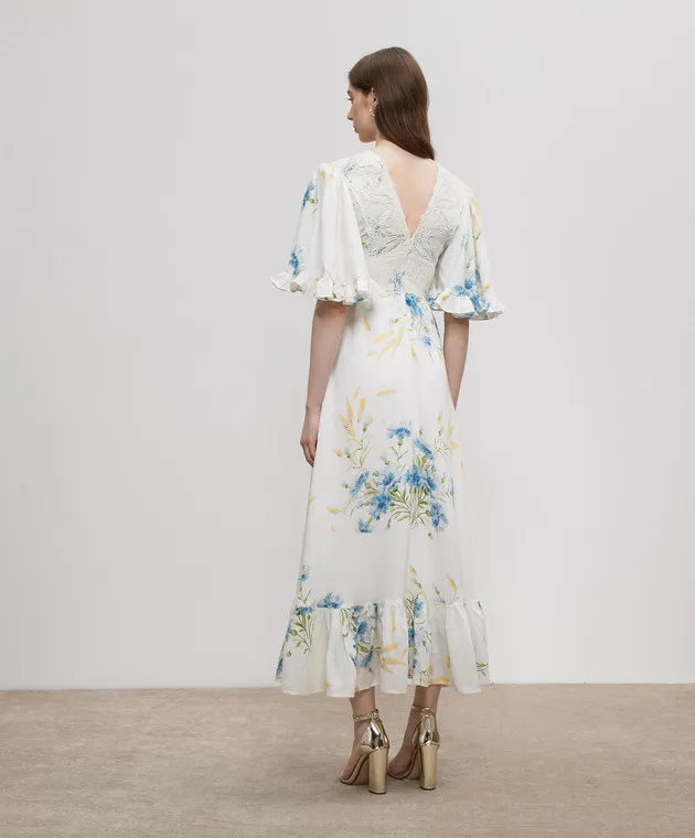 byTimo White dress with linen in a floral print with lace