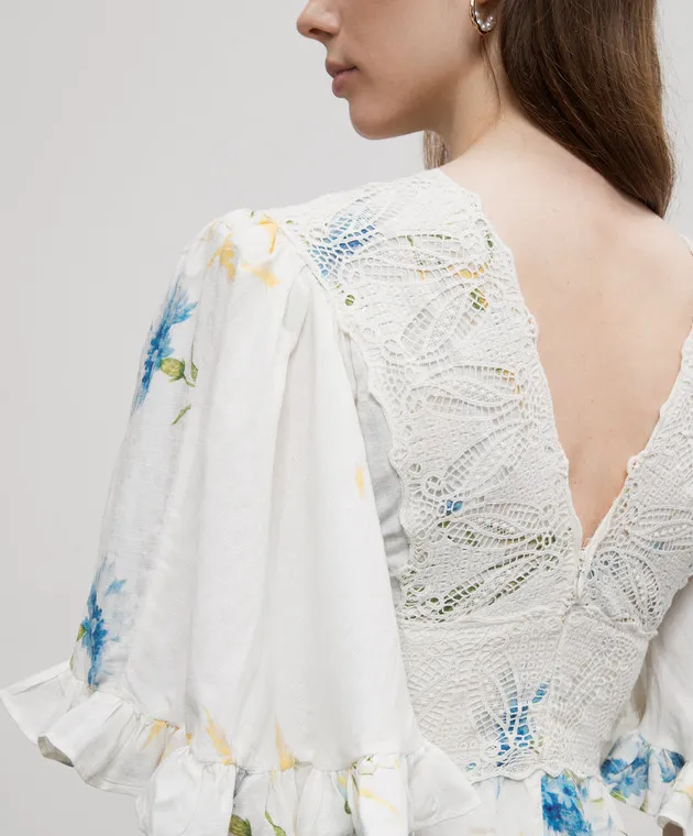 byTimo White dress with linen in a floral print with lace