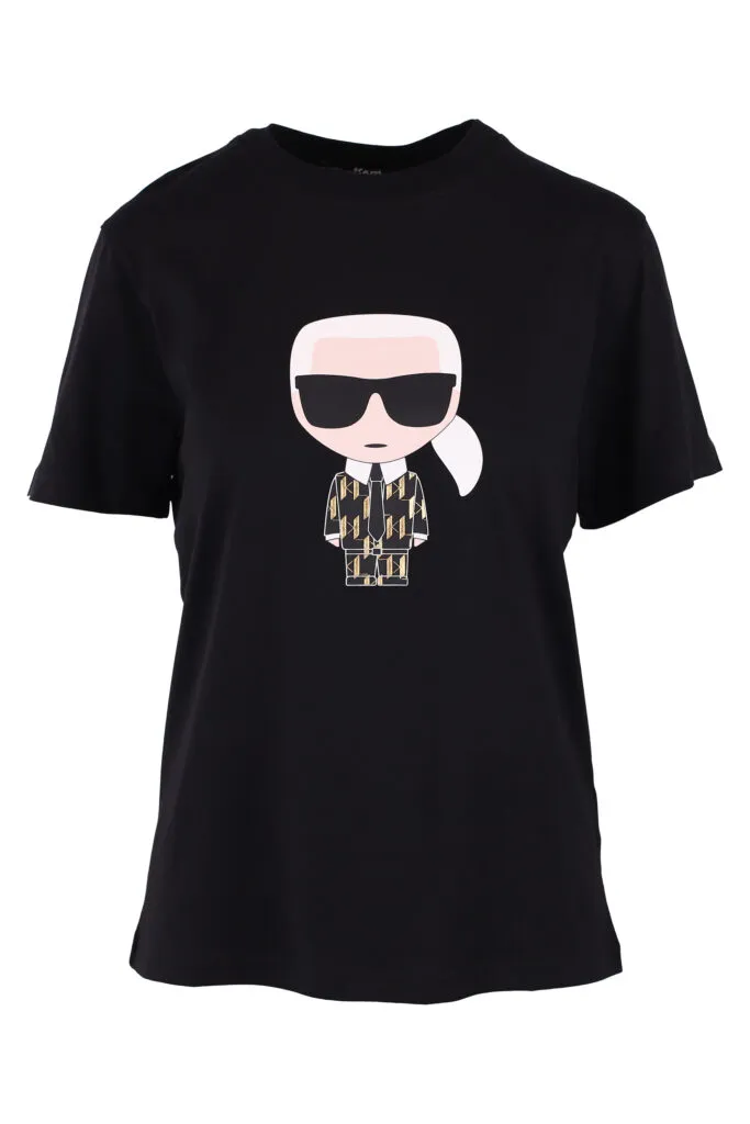 Camiseta negra con logo monograma dorado y 