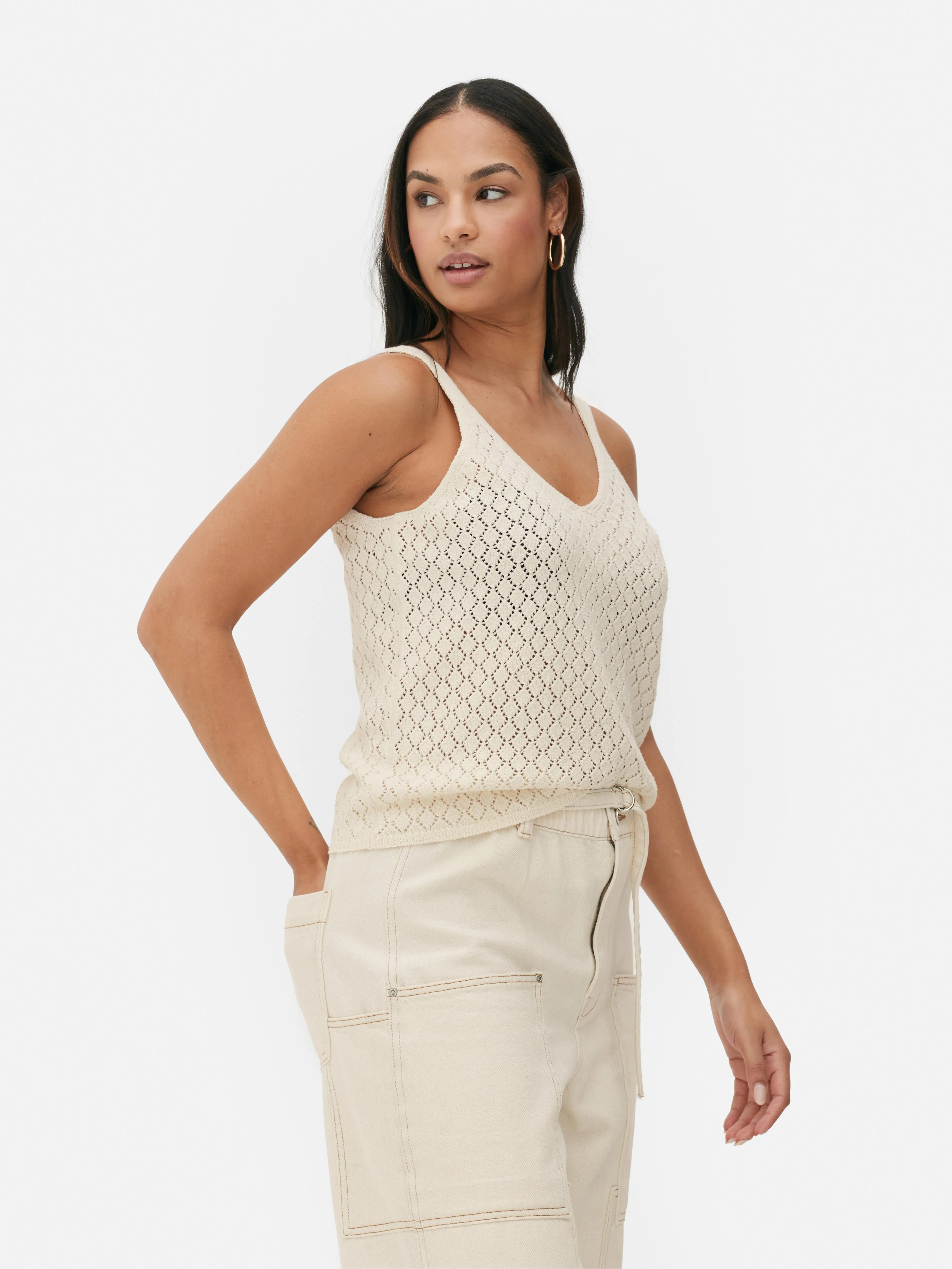 Camiseta sin mangas de pointelle con cuello de pico