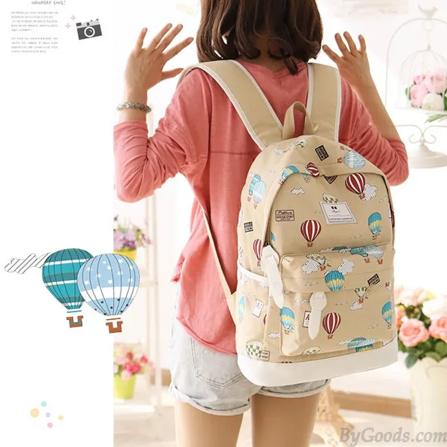 Cartoon Cute Hot Air Balloon Printing Girl's Canvas Junior High School Backpack