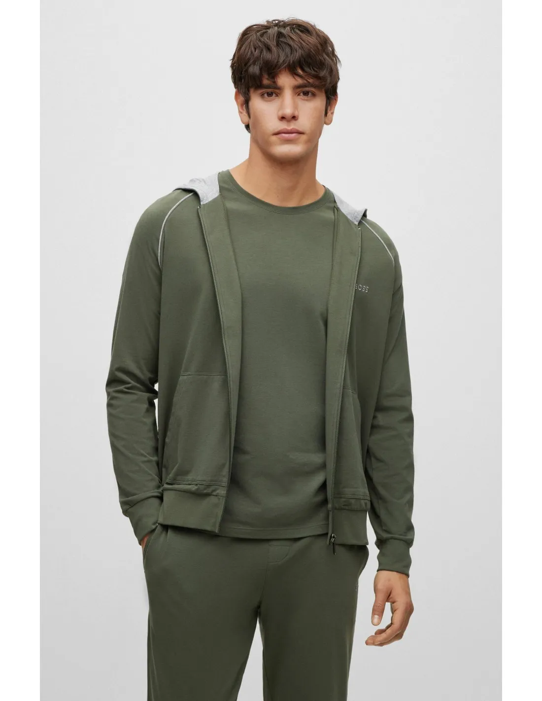 Chaqueta con capucha de algodón elástico con logo bordado de Boss