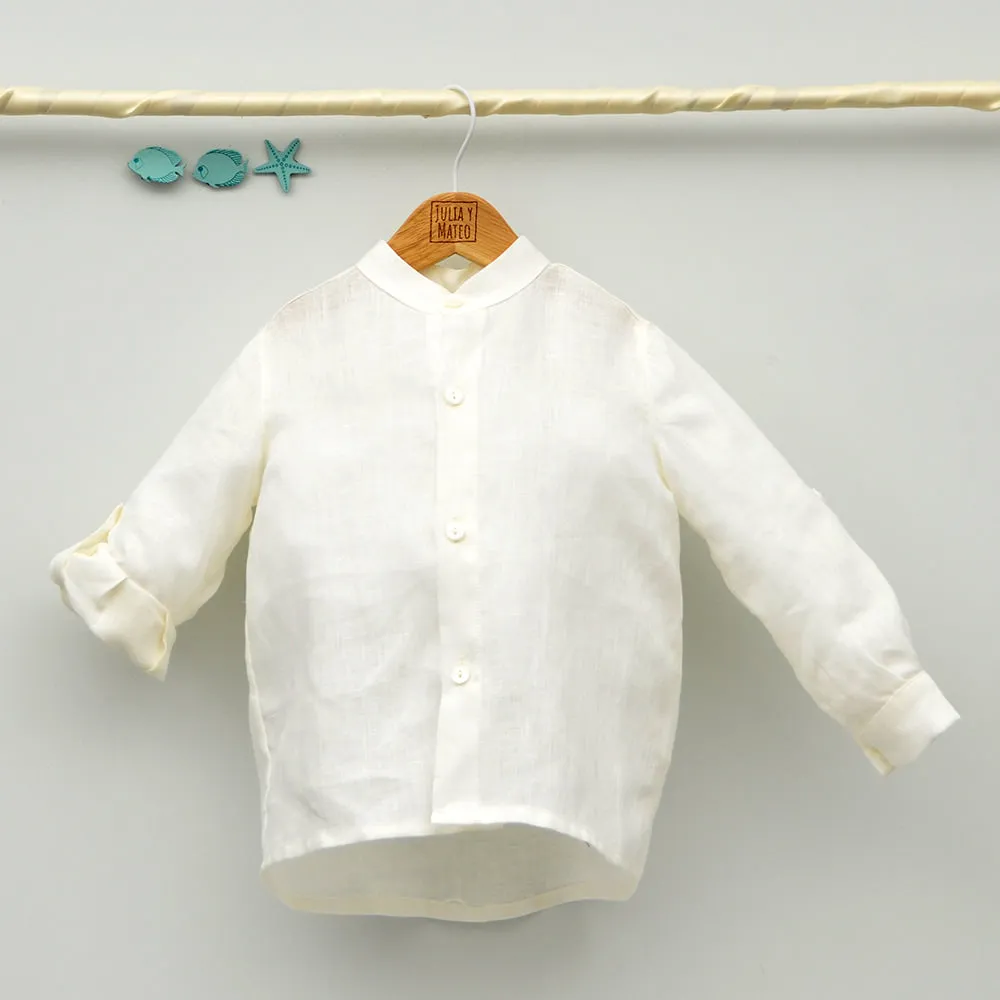 Conjunto lino Beatriz con camisa cuello Mao, tirantes y pantalón con Fajín