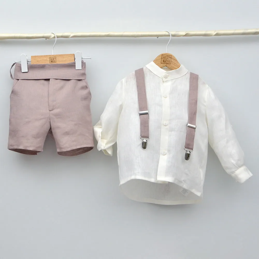 Conjunto lino Isabel con camisa cuello Mao, pajarita, tirantes y pantalón con Fajín