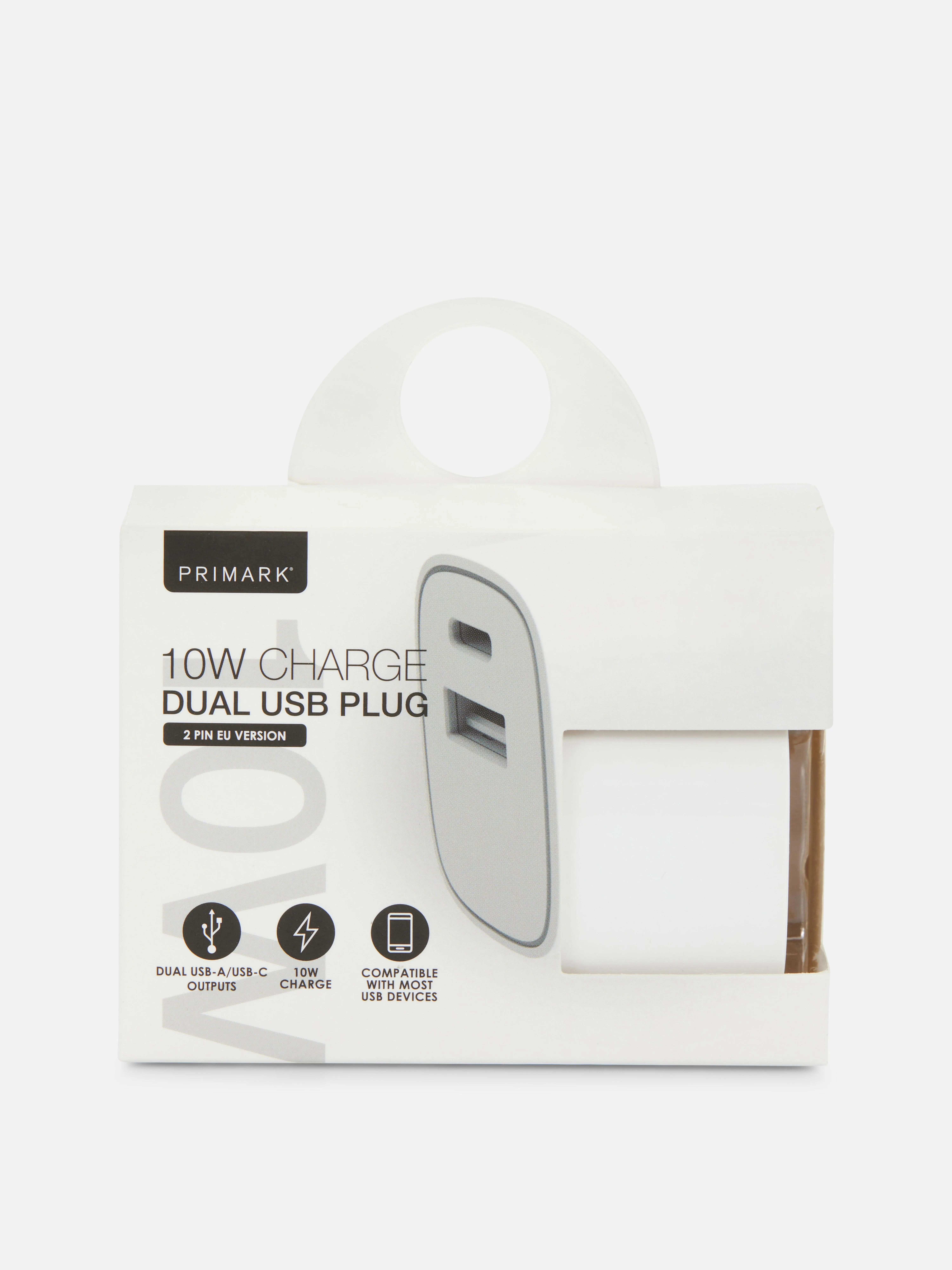 Enchufe de doble clavija y dos entradas USB de 10 W