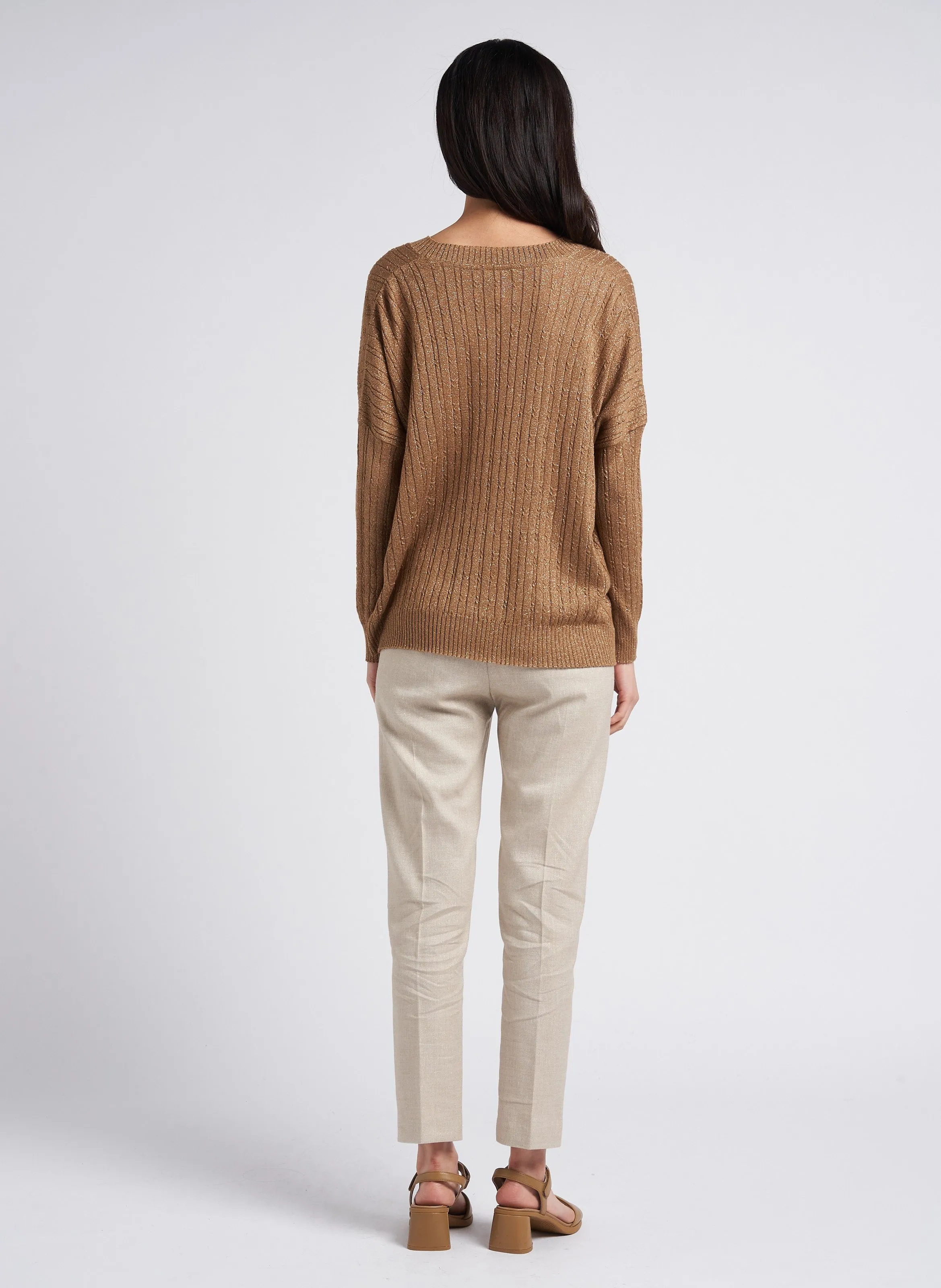 I CODE Pantalón chino de talle alto con hilos metalizados en beige