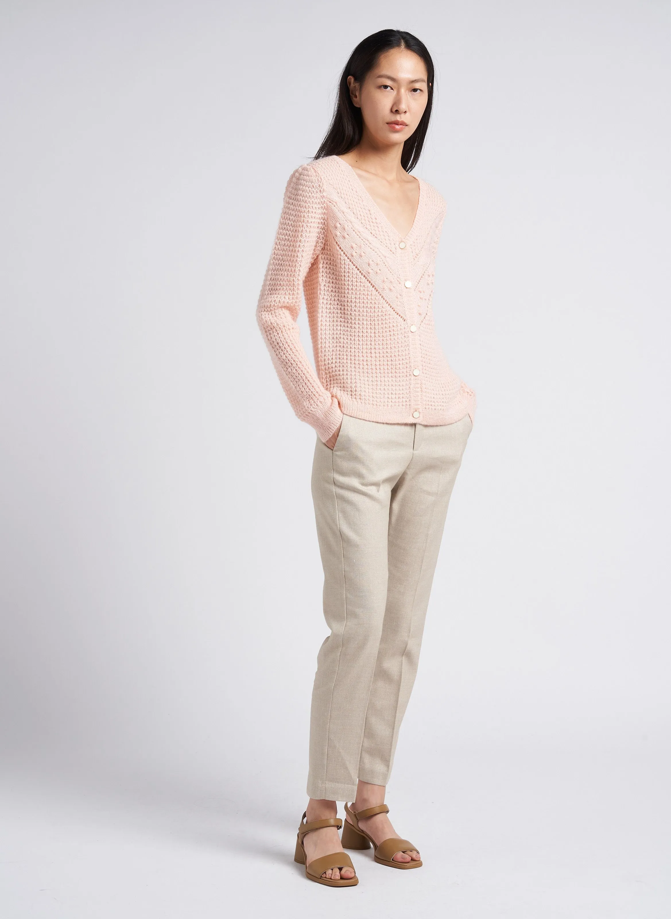 I CODE Pantalón chino de talle alto con hilos metalizados en beige