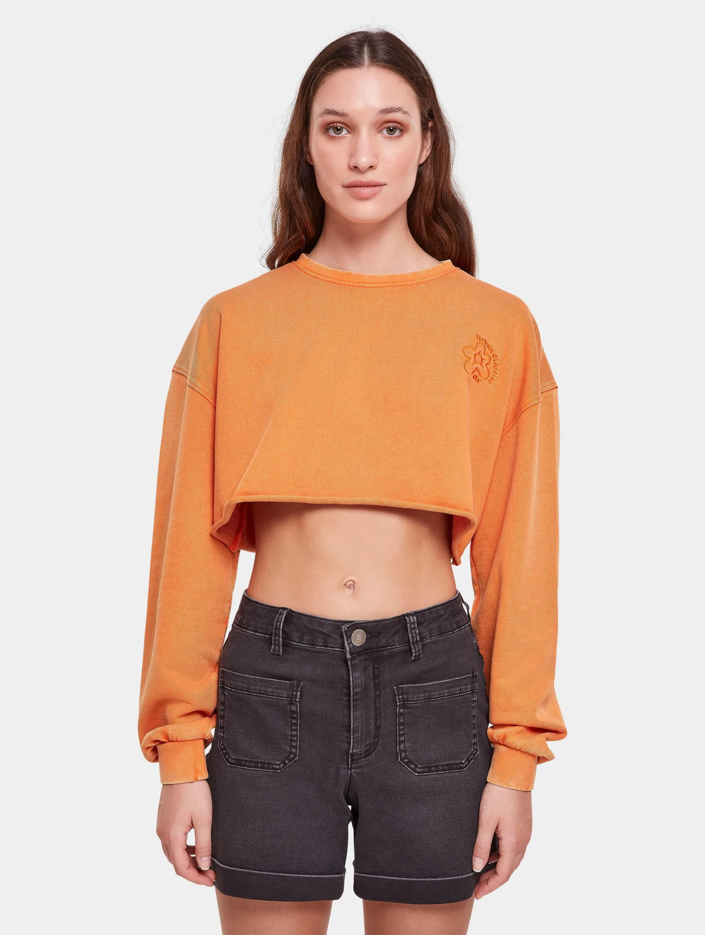 Ladies Cropped Flower Embroidery Terry