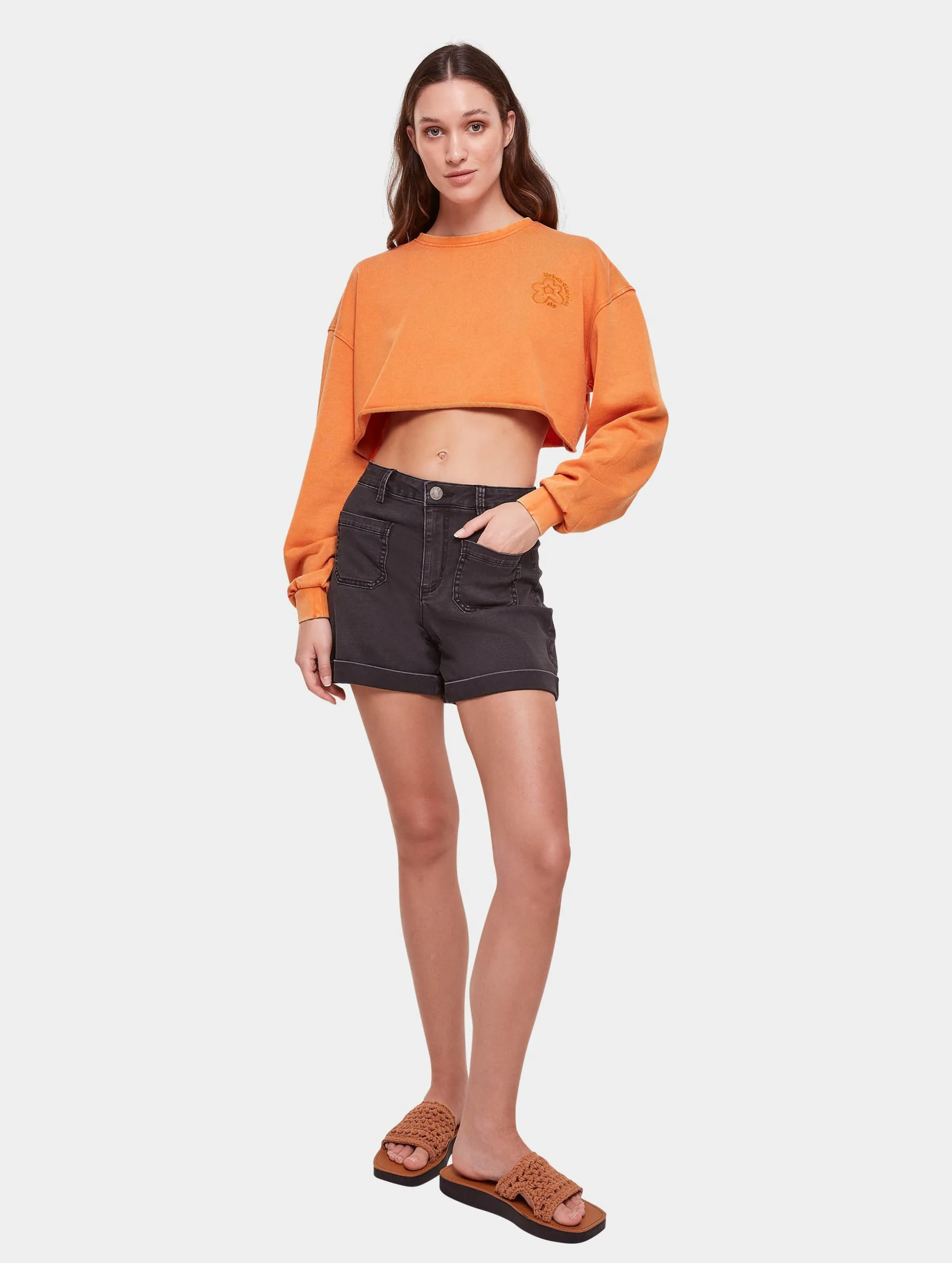 Ladies Cropped Flower Embroidery Terry