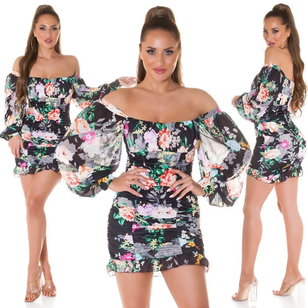 Mini vestido Boho tejido de flores Negro