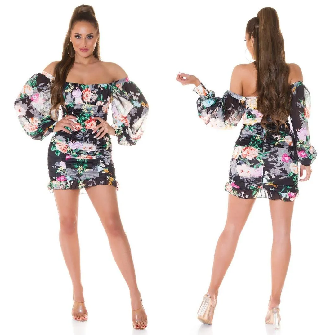 Mini vestido Boho tejido de flores Negro