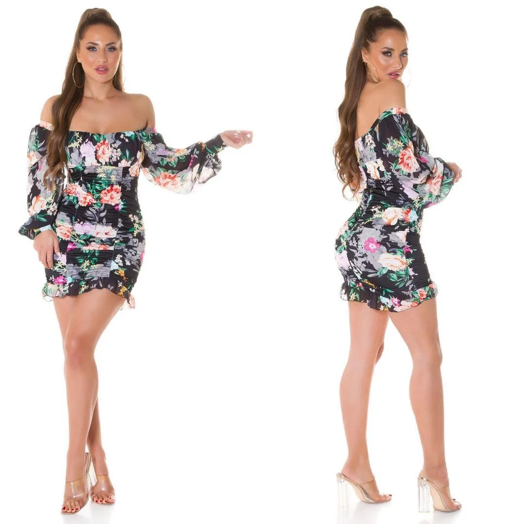 Mini vestido Boho tejido de flores Negro