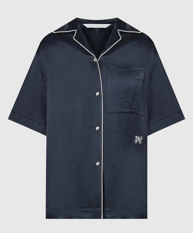 Palm Angels Blue linen shirt with logo embroidery