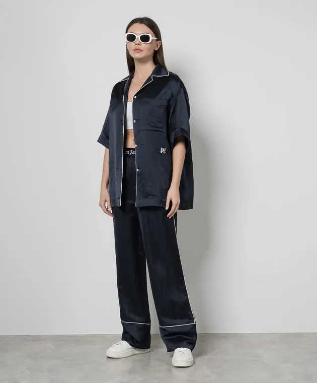 Palm Angels Blue linen shirt with logo embroidery
