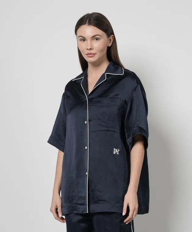 Palm Angels Blue linen shirt with logo embroidery