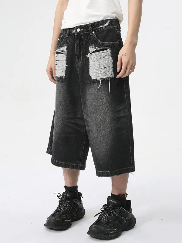 Pantalones cortos de mezclilla negros casuales sueltos rasgados para hombre