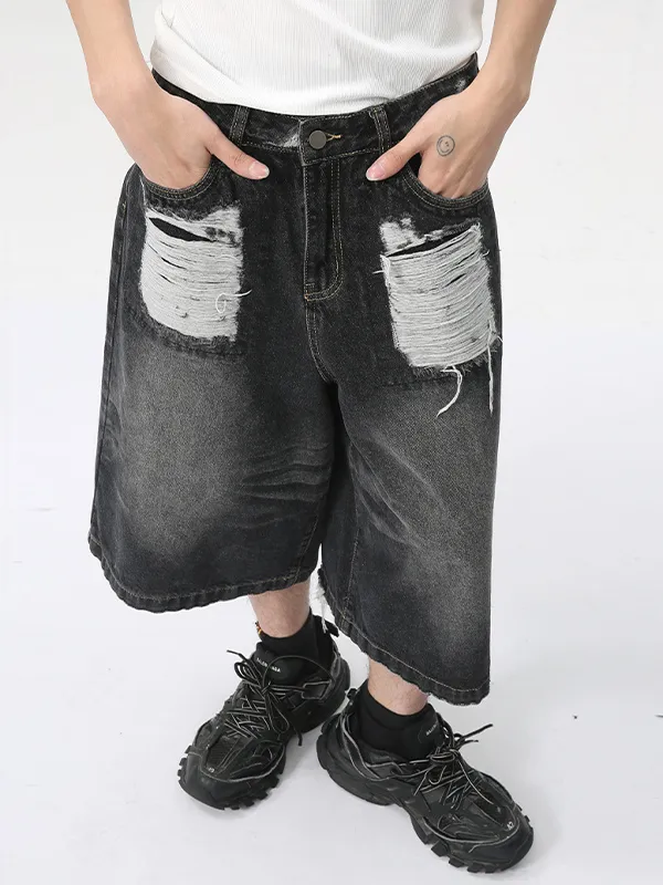 Pantalones cortos de mezclilla negros casuales sueltos rasgados para hombre