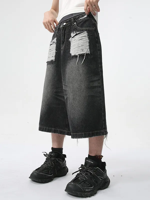 Pantalones cortos de mezclilla negros casuales sueltos rasgados para hombre