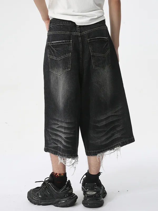 Pantalones cortos de mezclilla negros casuales sueltos rasgados para hombre