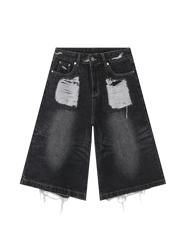 Pantalones cortos de mezclilla negros casuales sueltos rasgados para hombre