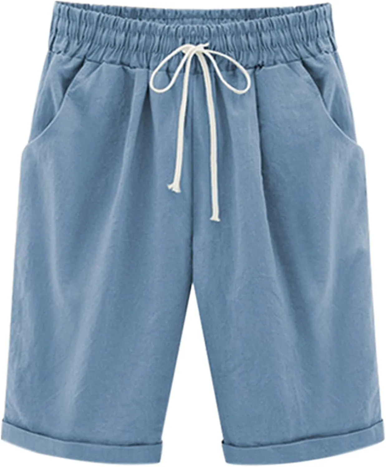 Pantalones cortos de verano casuales para mujer con cordón Cintura elástica Cintura hasta la rodilla Regalo de jersey rizado