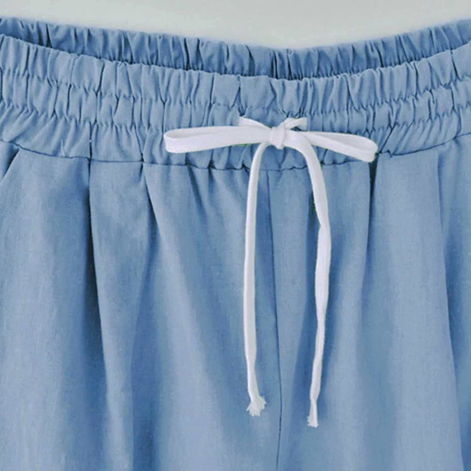 Pantalones cortos de verano casuales para mujer con cordón Cintura elástica Cintura hasta la rodilla Regalo de jersey rizado