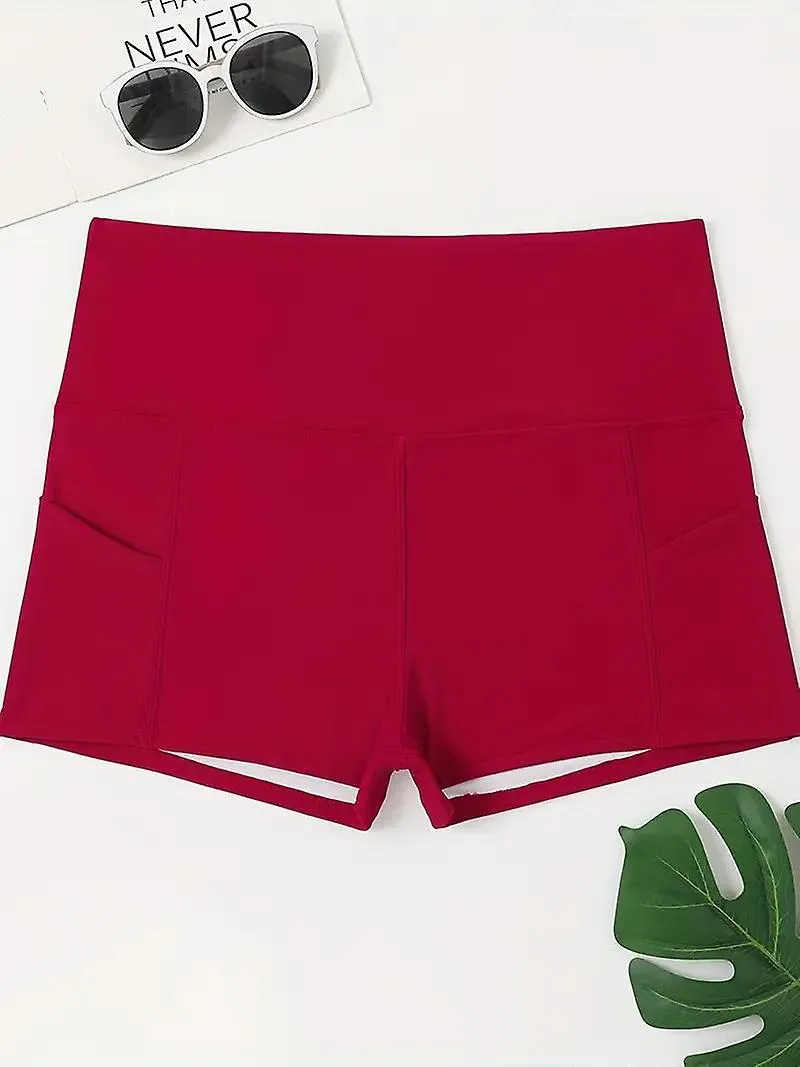 Pantalones de baño básicos de talla grande, pantalones cortos de traje de baño de gran altura para mujer plus con bolsillos