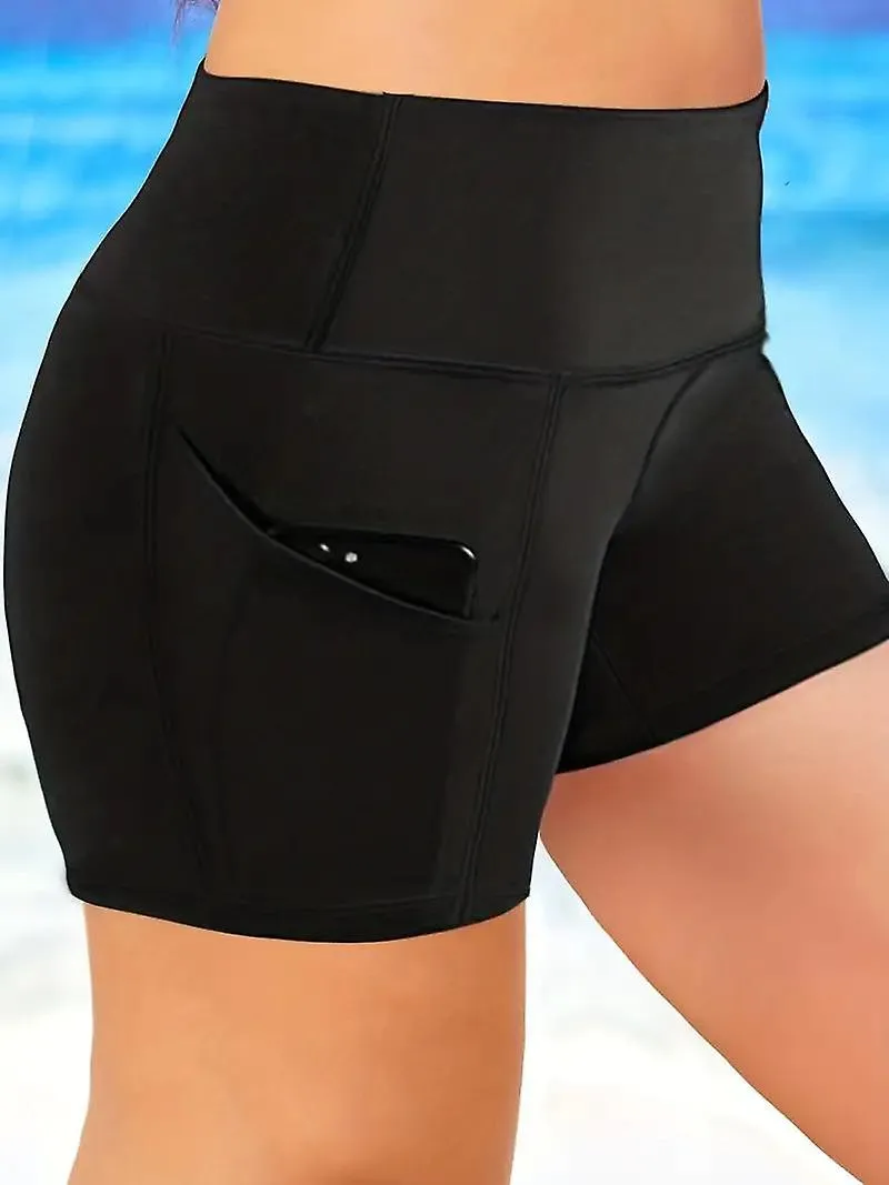 Pantalones de baño básicos de talla grande, pantalones cortos de traje de baño de gran altura para mujer plus con bolsillos