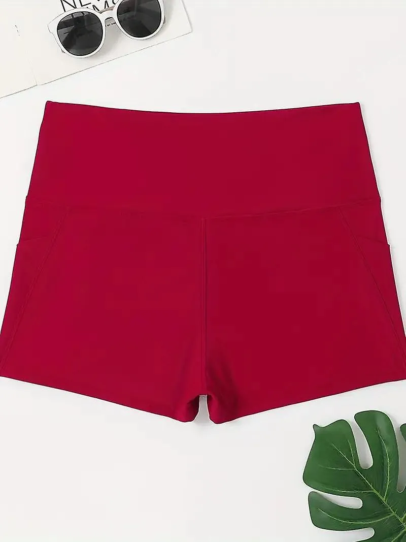 Pantalones de baño básicos de talla grande, pantalones cortos de traje de baño de gran altura para mujer plus con bolsillos