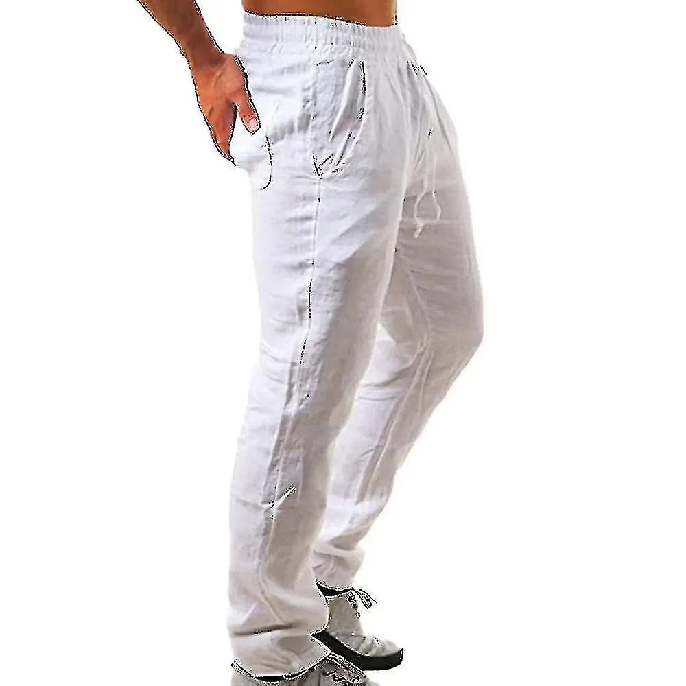 Pantalones de lino de algodón para hombre Otoño masculino Nuevo transpirable Pantalones de lino de color sólido Fitness Streetwe