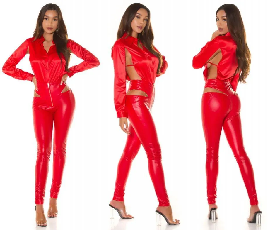 Pantalón Polipiel cremalleras Rojo