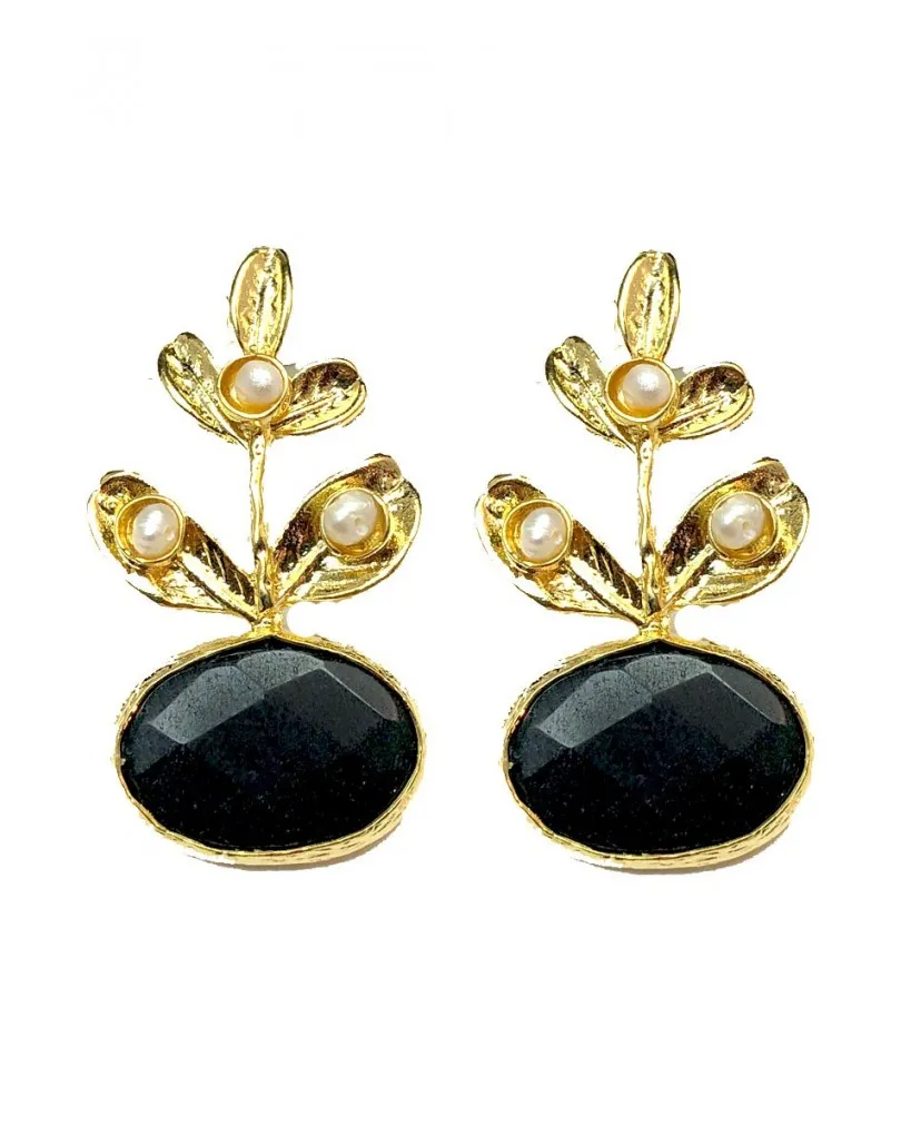 PENDIENTES MUJER NEGROS CON ELEGANTE DISEÑO DE RAMA PERLADA