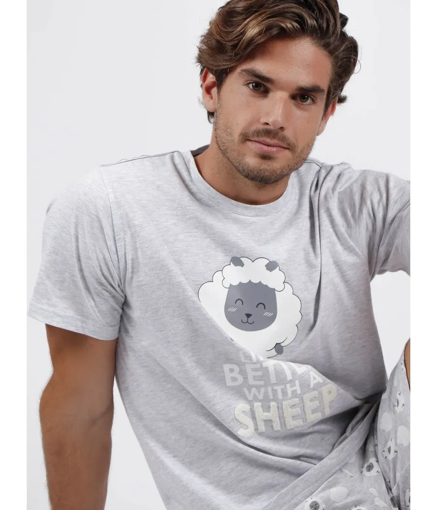 Pijama hombre Count Sheep verano Admas gris algodón