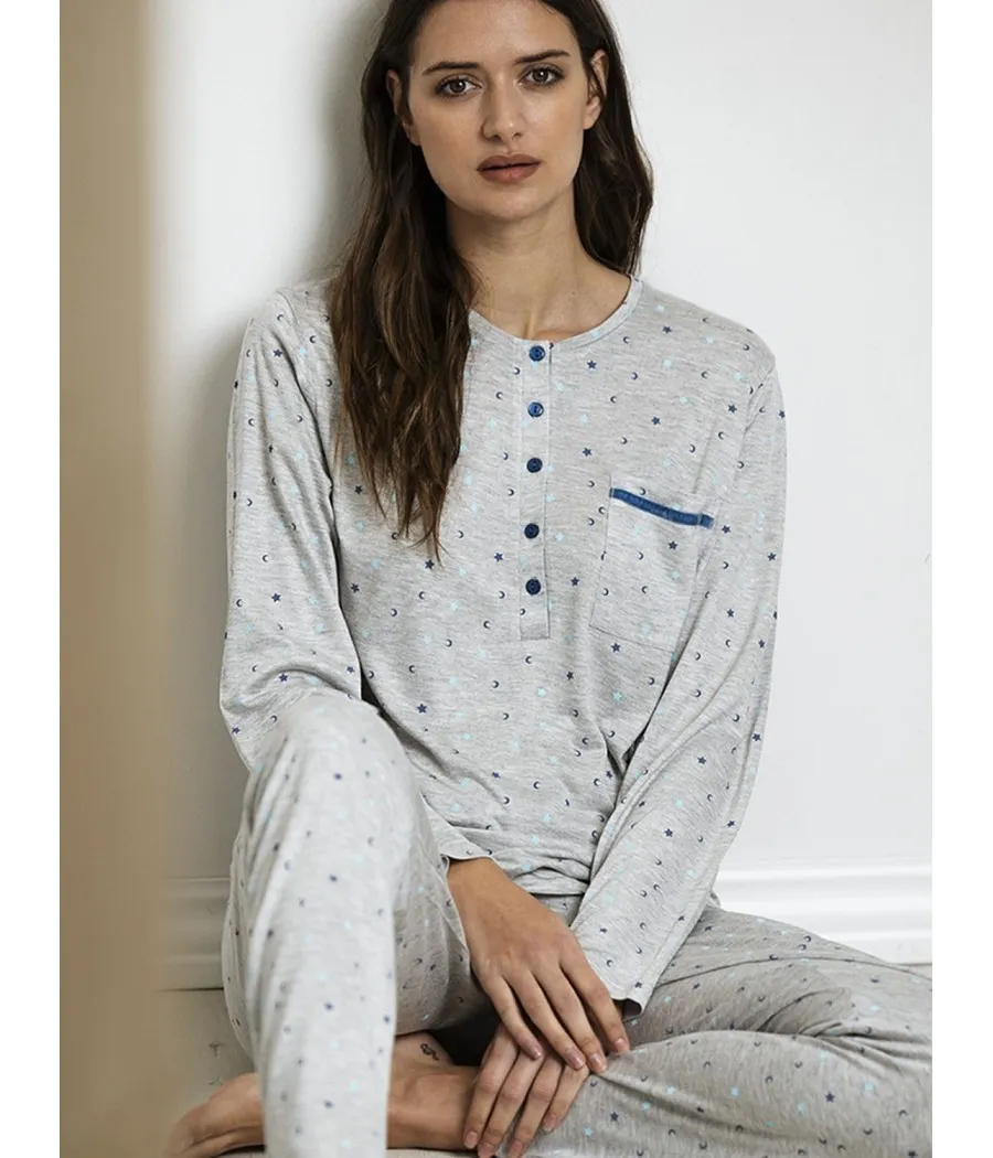 Pijama mujer invierno Admas Classic Little Moons gris jaspe viscosa