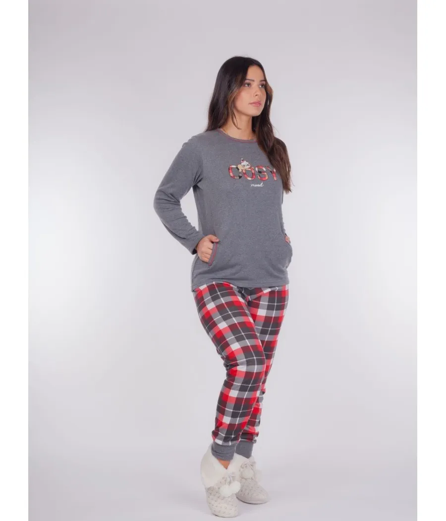 Pijama mujer invierno Rachas&Abreu felpa gris bolsillos